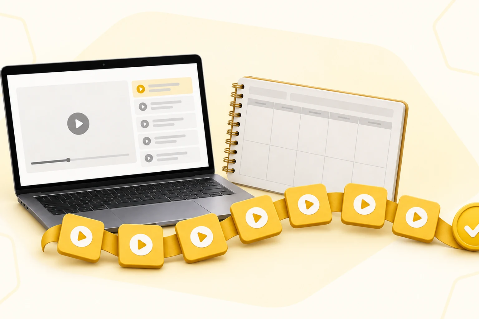 A laptop course connected to a weekly learning plan and seven steps leading to completion