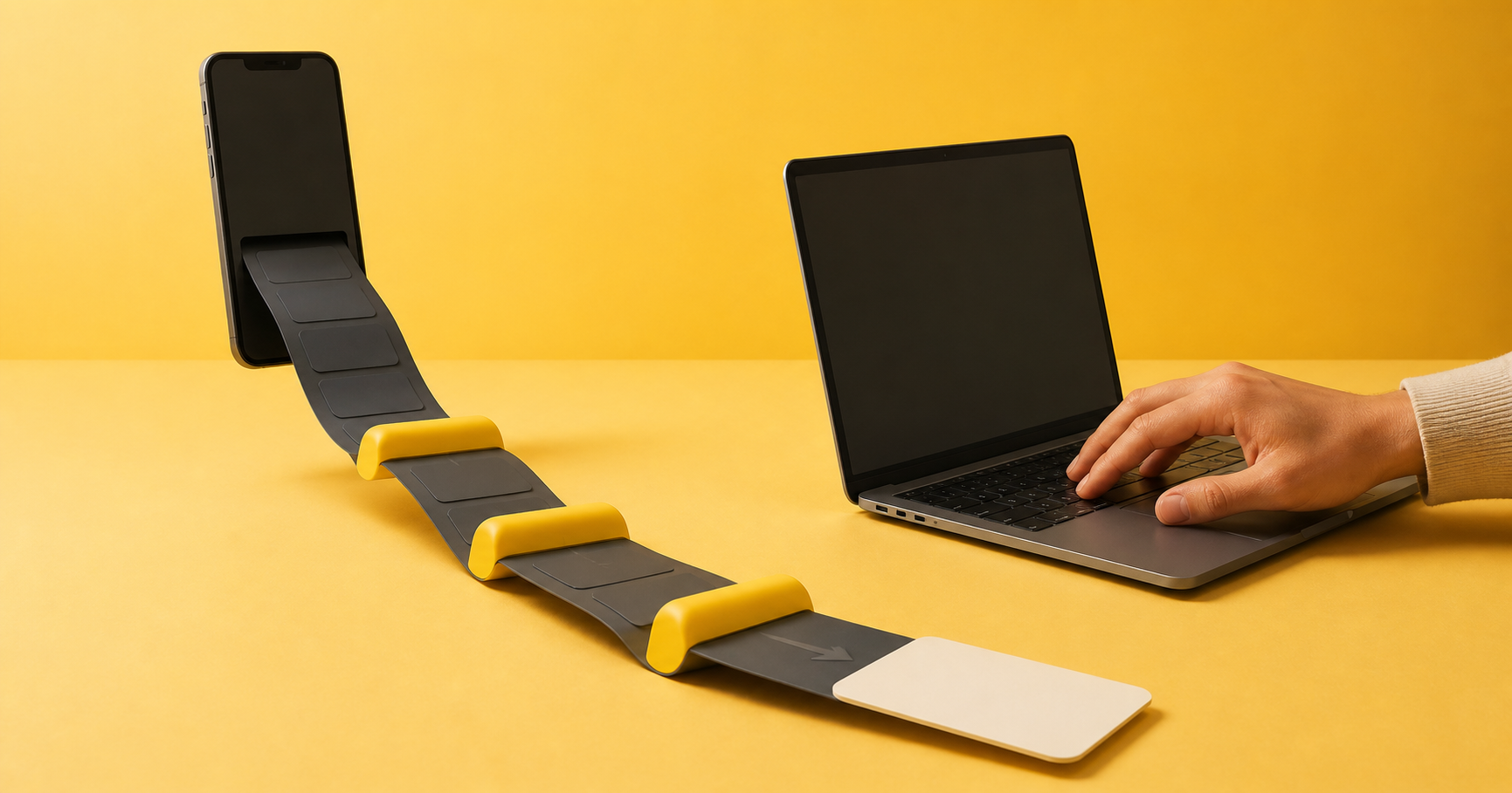 An endless phone feed crossing three yellow stopping points before leading back to focused work on a laptop