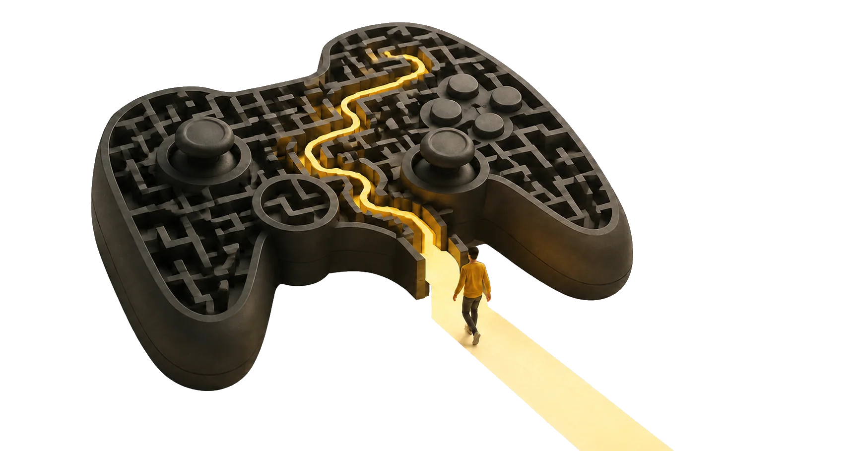 A charcoal game controller shaped into a maze, with a yellow path and a person at its entrance