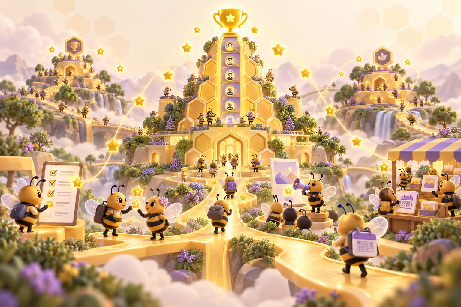 A thriving community of bees completing quests, creating schedules and contributing to connected Hives
