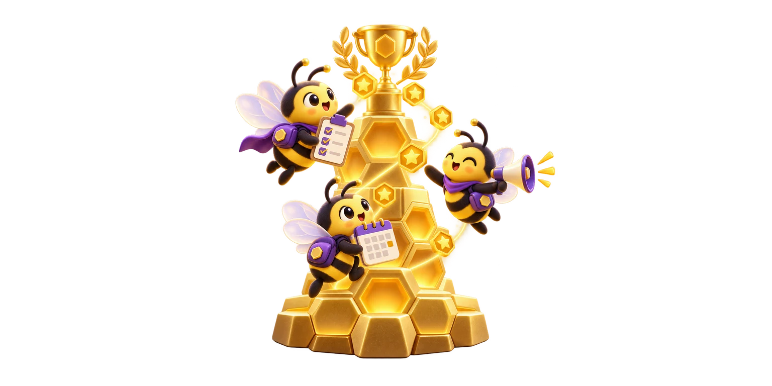 Three bees contributing to a golden community Hive and climbing toward a shared trophy
