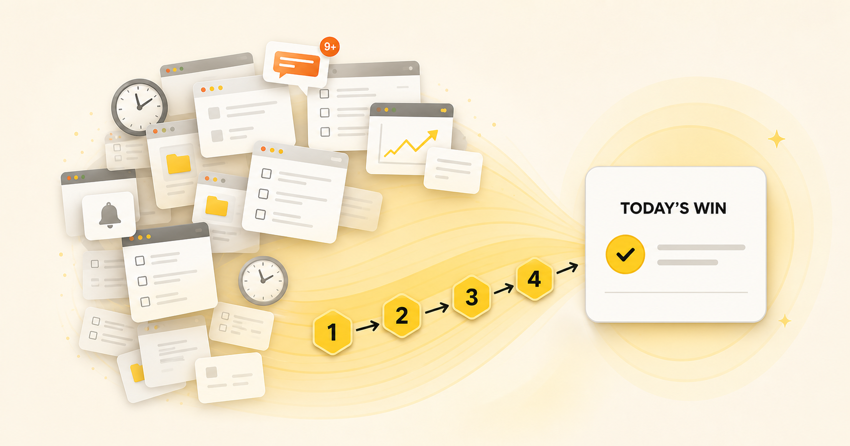 Overlapping browser tasks becoming four clear steps that lead to today's most important task
