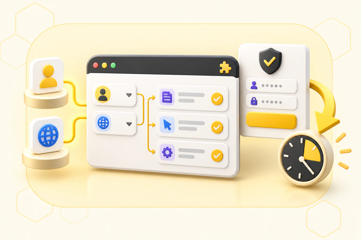 A Luzora task interface connecting account setup, webpage context, completed tasks, security, and a timed return