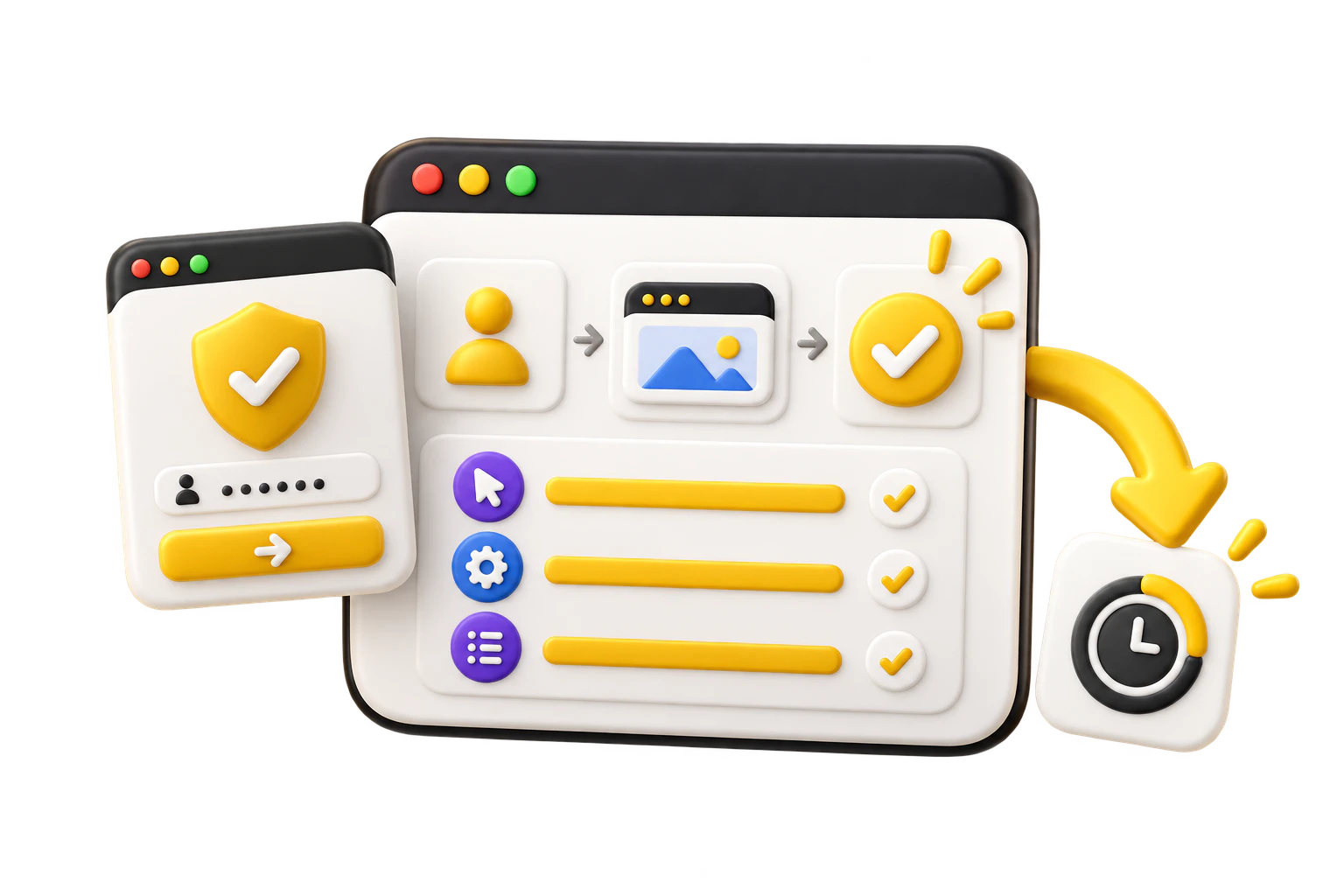 A Luzora task interface connecting a secure account, webpage context, completed tasks, and a timed return