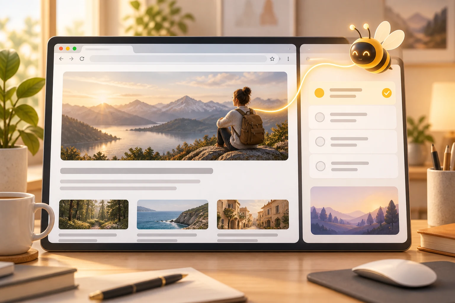A browser workspace with a webpage and a persistent Luzora task panel working side by side