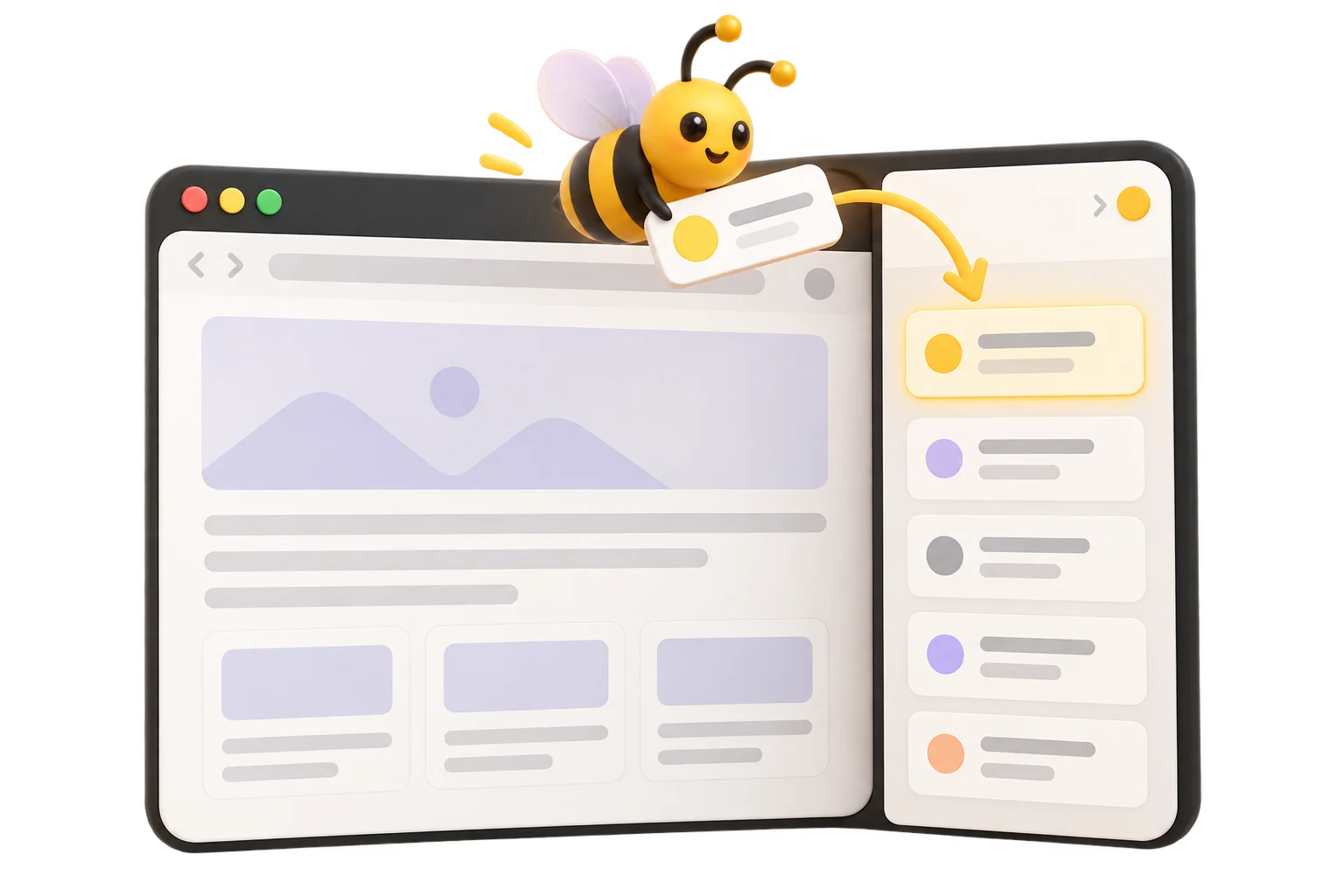 A friendly golden bee moving a task from a webpage into a persistent browser side panel