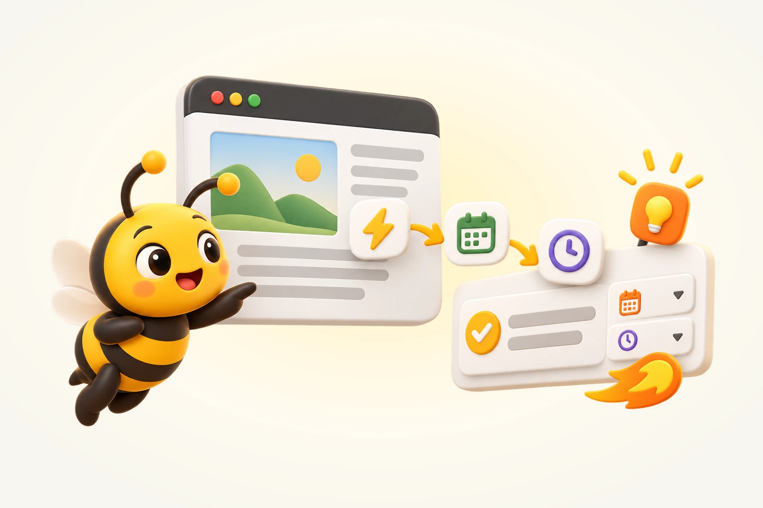 A golden bee turning a webpage into a scheduled task through action, date, and time suggestions