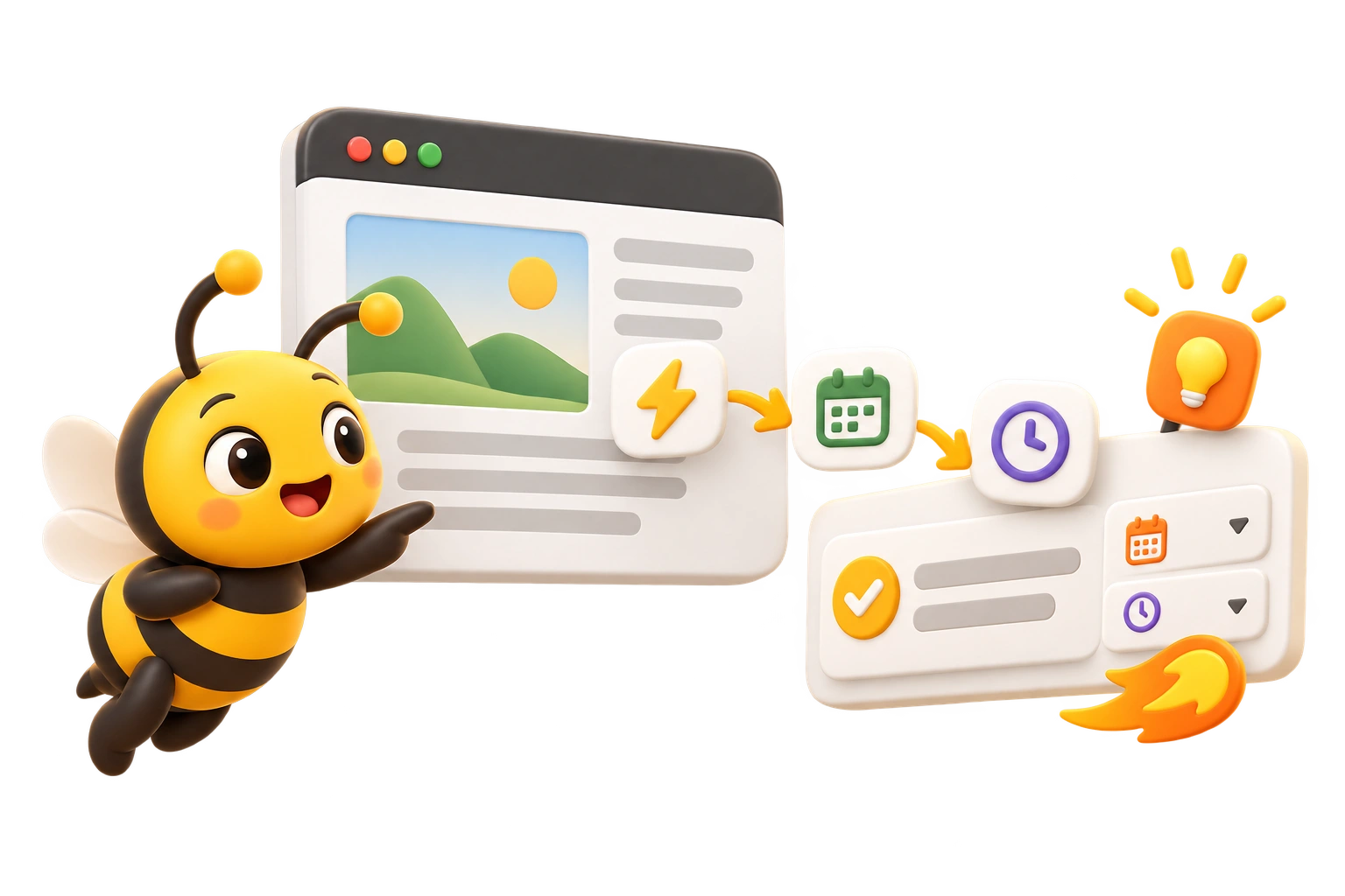 A golden bee guiding webpage context through action, calendar, and time choices into a Luzora task