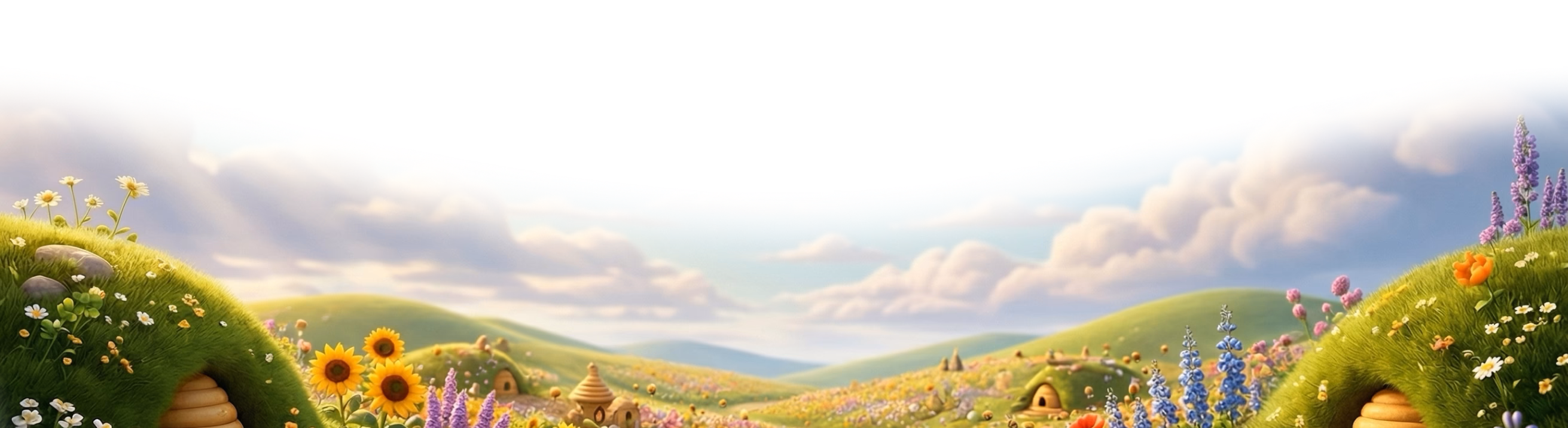 A rolling green hive landscape dotted with wildflowers and beehives
